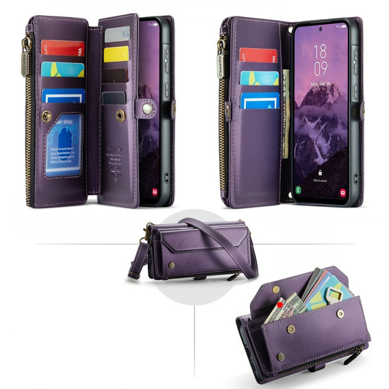 Pouzdro CASEME pro Samsung Galaxy A56 5G, RFID Leather Wallet, s popruhem přes rameno, fialové