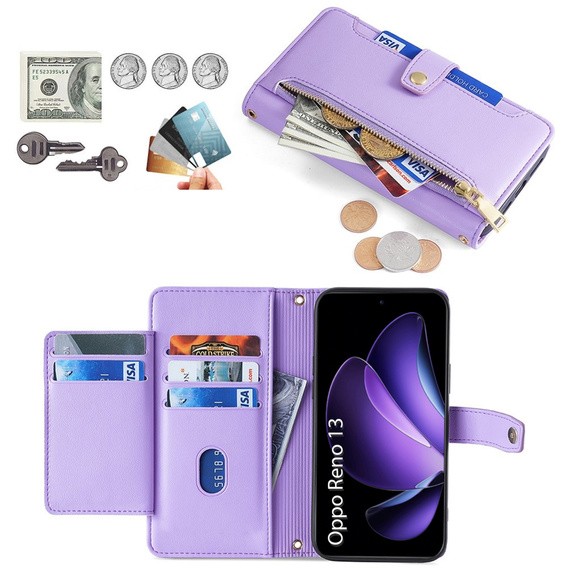 Klopové pouzdro pro Oppo Reno 13, Wallet Zipper Pocket, fialové