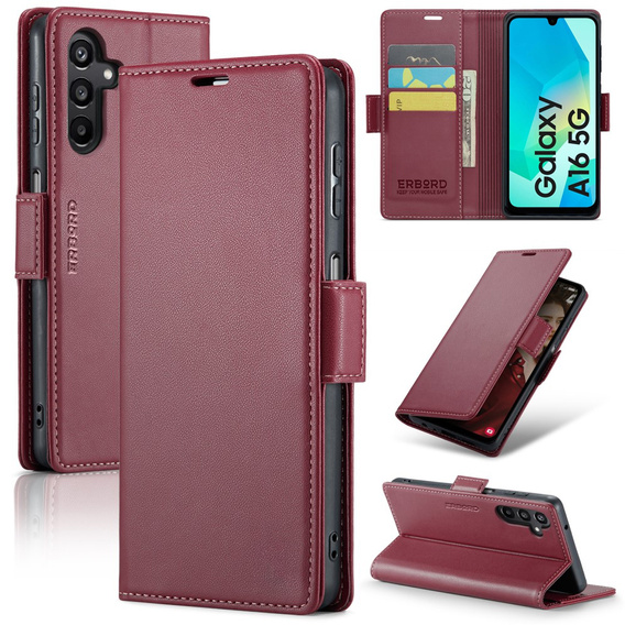 Pouzdro pro Samsung Galaxy A16, ERBORD Glossy Litchi, flipová peněženka, červené