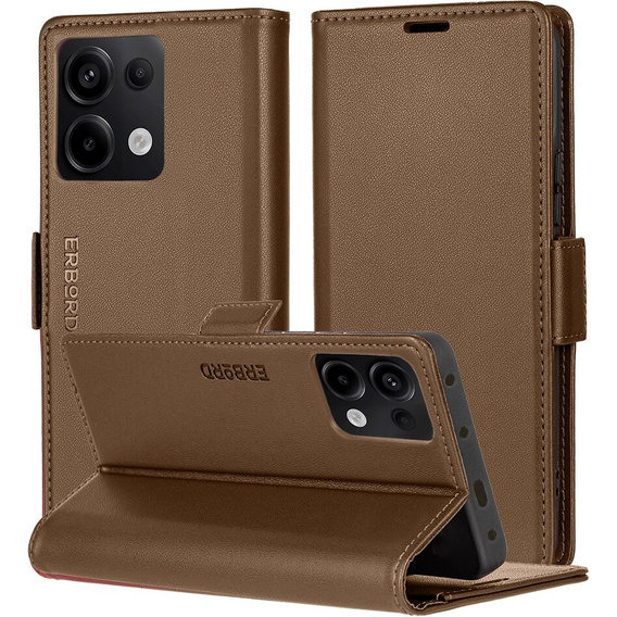 Pouzdro pro Xiaomi Redmi Note 13 Pro 4G / Xiaomi Redmi Note 14S / Xiaomi Poco M6 Pro 4G, ERBORD Glossy Litchi, flipová peněženka, hnědé