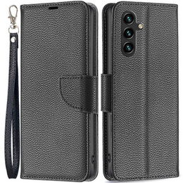 Klopové pouzdro pro Samsung Galaxy A15, Wallet Litchi Leather, černé + 9H sklo