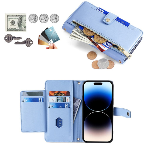Klopové pouzdro pro iPhone 14 Pro, Wallet Zipper Pocket, modré