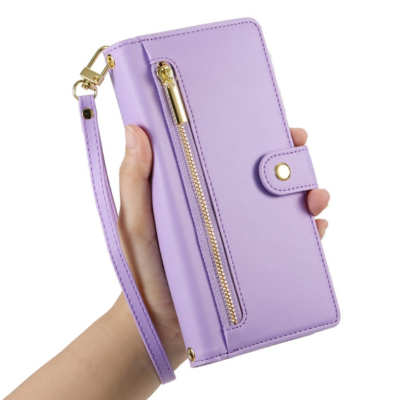 Klopové pouzdro pro Samsung Galaxy S25, Wallet Zipper Pocket, fialové
