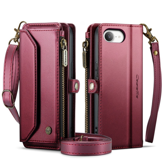Pouzdro CASEME pro iPhone16e, RFID Leather Wallet, s popruhem přes rameno, červené