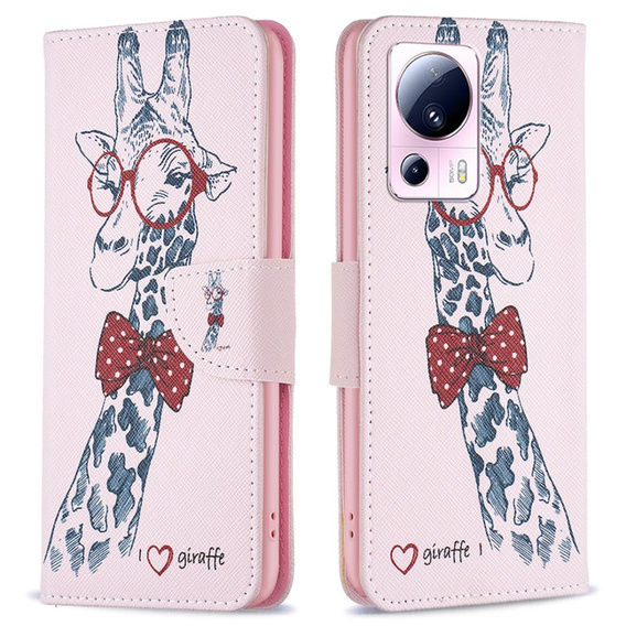 Klopové pouzdro pro Xiaomi 13 Lite, Wallet, giraffe, růžové
