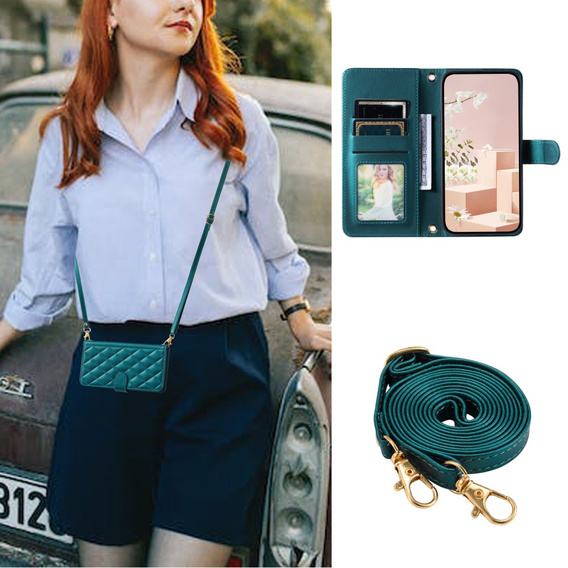 Pouzdro s klopou pro Samsung Galaxy A55 5G, Rhombus Crossbody Leather, tmavě zelené