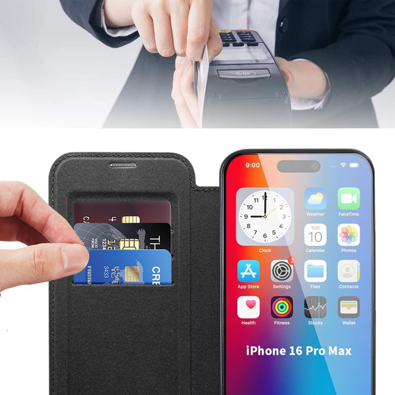 Klopové pouzdro pro iPhone 16 Pro, RFID Wallet MagSafe CamShield, černé