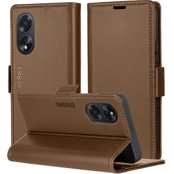 Pouzdro pro Oppo A18 4G / A38 4G, ERBORD Glossy Litchi, flipová peněženka, hnědé