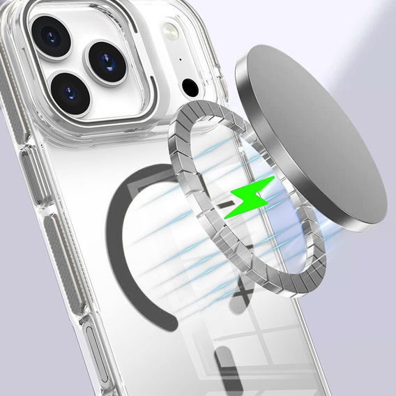 Pouzdro pro iPhone 17 Pro Max, pro MagSafe, se stojánkem, průhledné s šedými vložkami