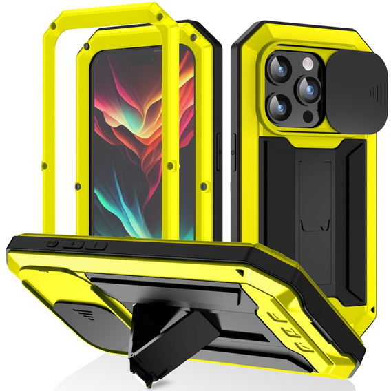 Pouzdro pro iPhone 15 Pro, R-JUST CamShield Slide, pancéřované, žluté / černé