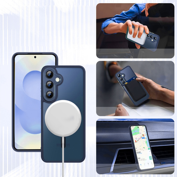 Pouzdro pro Samsung Galaxy S25, pro MagSafe, ERBORD Matt Case, tmavě modrý + sklo na displej