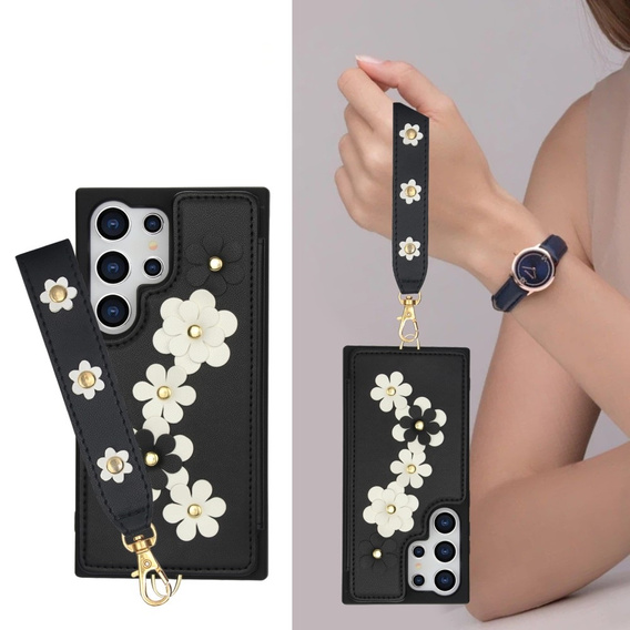 Pouzdro pro Samsung Galaxy S25 Ultra, Leather Flower Card Slot, černé