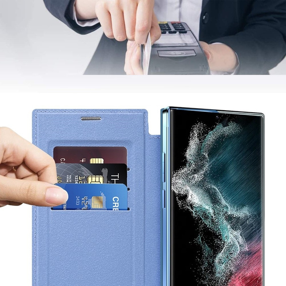 Klopové pouzdro pro Samsung Galaxy S22 Ultra 5G, RFID Wallet MagSafe CamShield, modré