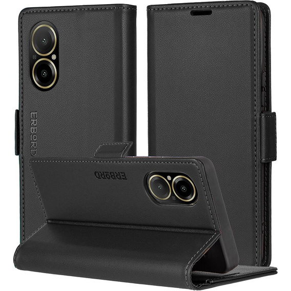 Pouzdro pro Realme C67 4G, ERBORD Glossy Litchi, flipová peněženka, černé