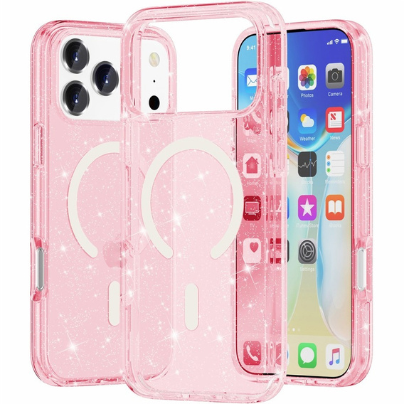 Pouzdro pro iPhone 17 Pro, pro MagSafe, třpytivé, transparentní růžové