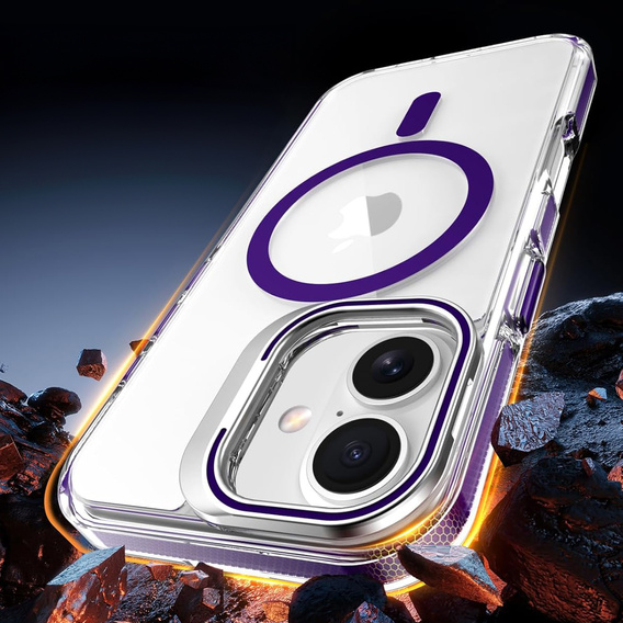 Pouzdro pro iPhone 17, pro MagSafe, se stojánkem, průhledné s fialovými vložkami
