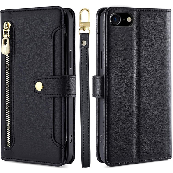 Klopové pouzdro pro iPhone 16E, Wallet Zipper Pocket, černé
