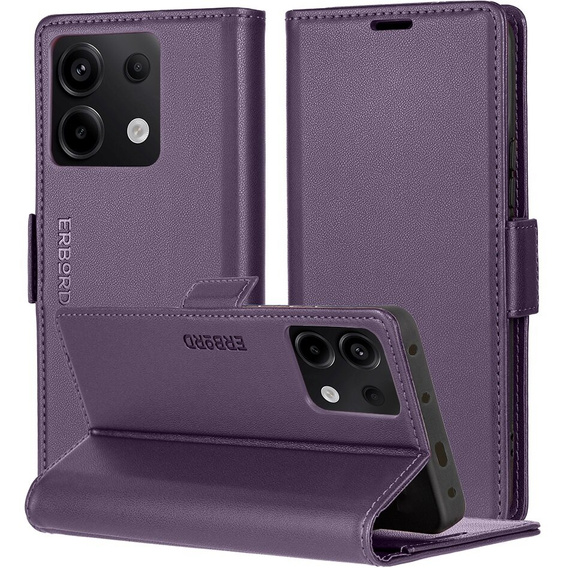 Pouzdro pro Xiaomi Redmi Note 13 5G, ERBORD Glossy Litchi, flipová peněženka, fialové