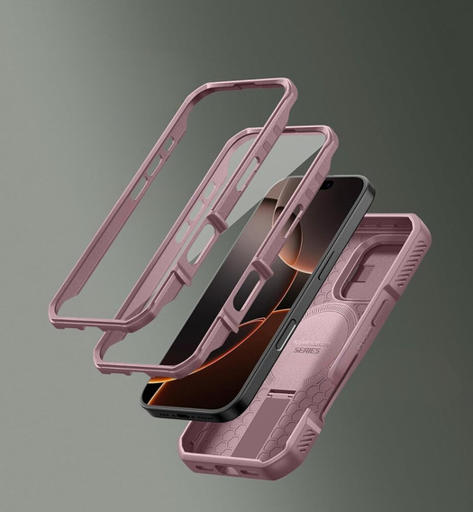 Pancéřové pouzdro pro iPhone 16 Pro, Dexnor CamProtect MagSafe, růžové (dva rámečky)