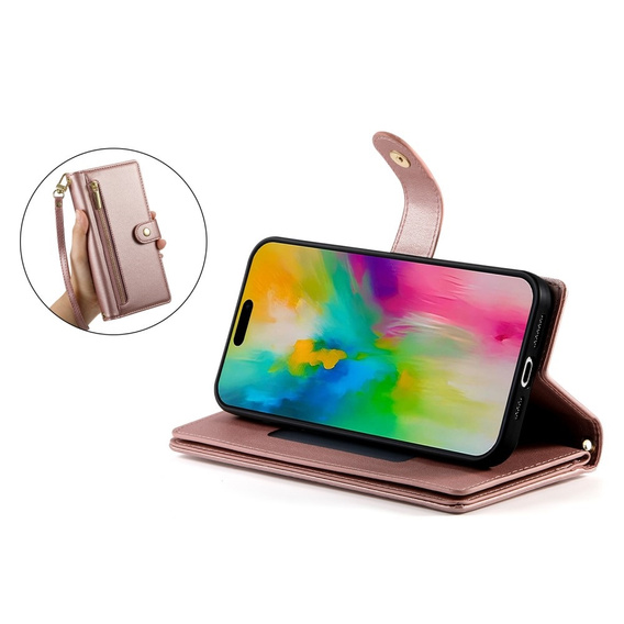Klopové pouzdro pro iPhone 16 Pro Max, Wallet Zipper Pocket, růžové