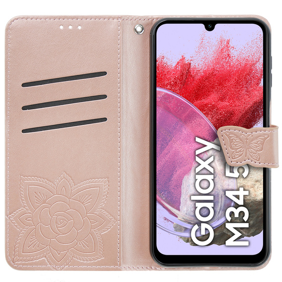 Klopové pouzdro pro Samsung Galaxy M34 5G, Butterfly, růžové rose gold