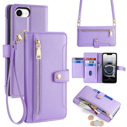 Klopové pouzdro pro iPhone 16E, Wallet Zipper Pocket, fialové
