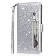 Klopové pouzdro pro Samsung Galaxy A56 5G, Wallet Zipper Pocket Glittery, stříbrné