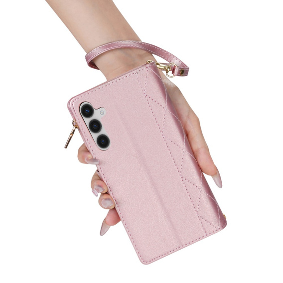 Pouzdro s klopou pro Samsung Galaxy A56 5G, Rhombus Crossbody Leather, růžové rose gold
