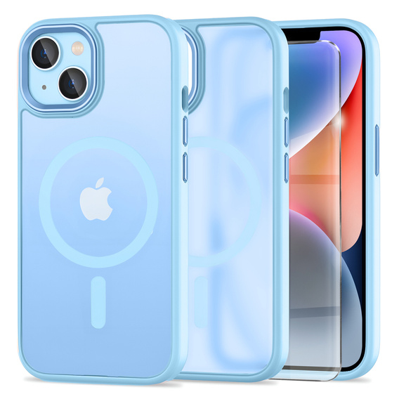 Pouzdro pro iPhone 14, pro MagSafe, ERBORD Matt Case, modrý + sklo na displej