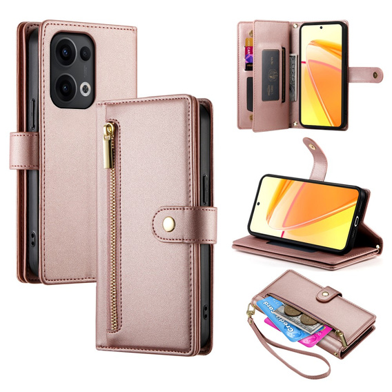 Klopové pouzdro pro Oppo Reno 13 5G, Wallet Zipper Pocket, růžové