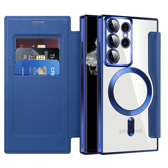 Klopové pouzdro pro Samsung Galaxy S22 Ultra 5G, RFID Wallet MagSafe CamShield, námořnicky modré