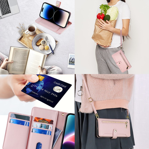 Klopové pouzdro pro iPhone 14 Pro Max, Wallet Zipper Pocket, růžové