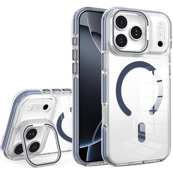 Pouzdro pro iPhone 17 Pro Max, pro MagSafe, se stojánkem, průhledné s tmavě modrými vložkami