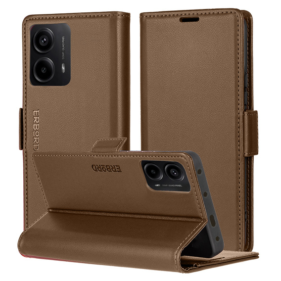 Pouzdro pro Motorola Moto G24 Power, ERBORD Glossy Litchi, flipová peněženka, hnědé