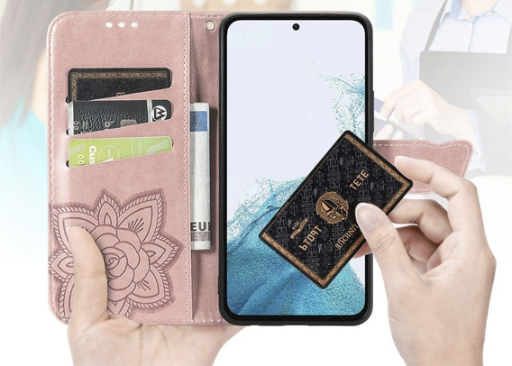 Klopové pouzdro pro Samsung Galaxy A17 5G, peněženka, Butterfly, růžově zlaté