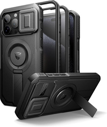 Pancéřové pouzdro pro iPhone 15 Pro Max, Dexnor CamProtect MagSafe, černé (dva rámečky)