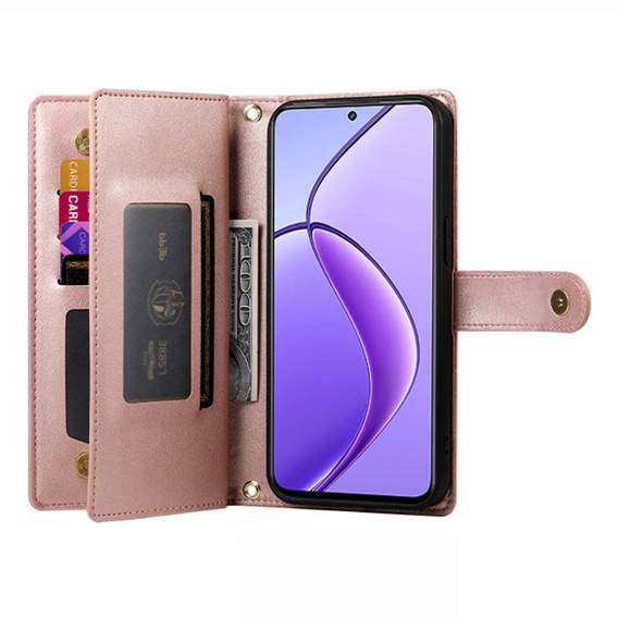 Klopové pouzdro pro Realme 14 Pro+ 5G, Wallet Zipper Pocket, růžové