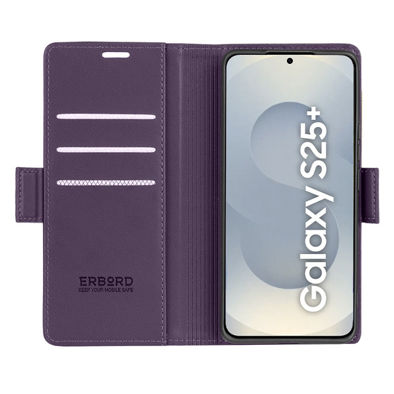 Pouzdro pro Samsung Galaxy S25, ERBORD Glossy Litchi, flipová peněženka, fialové