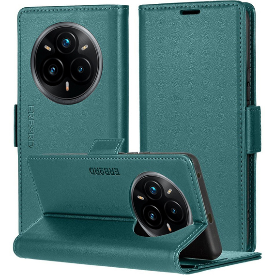 Pouzdro pro Realme 14 Pro 5G, ERBORD Glossy Litchi, flipová peněženka, zelené
