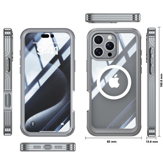 Pouzdro pro iPhone 16 Pro, Shockproof, se sklem, pro MagSafe, šedé