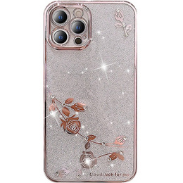 Pouzdro pro iPhone 14 Pro, Glitter Flower, růžové rose gold