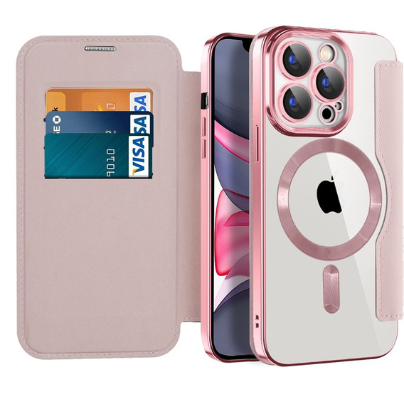 Klopové pouzdro pro iPhone 15 Pro, RFID Wallet MagSafe CamShield, růžové