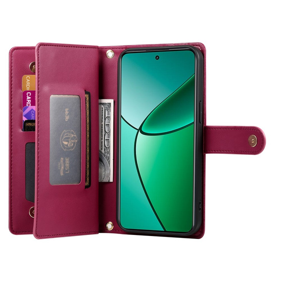 Klopové pouzdro pro Realme 14 Pro 5G, Wallet Zipper Pocket, červené