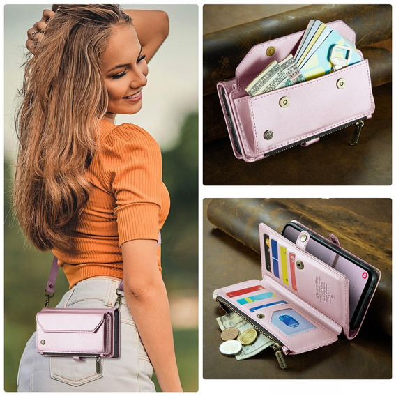Pouzdro CASEME pro Samsung Galaxy A56 5G, RFID Leather Wallet, s popruhem přes rameno, růžové