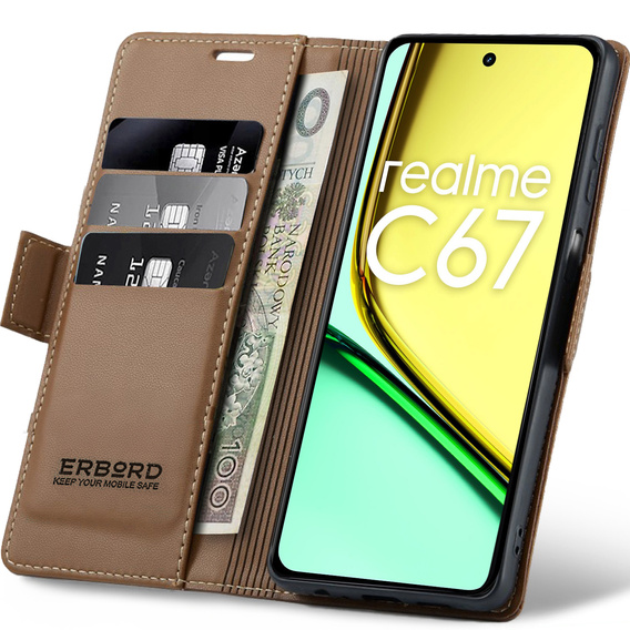 Pouzdro pro Realme C67 4G, ERBORD Glossy Litchi, flipová peněženka, hnědé