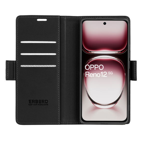 Pouzdro pro Oppo Reno 12, ERBORD Glossy Litchi, flipová peněženka, černé