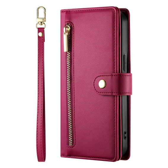 Klopové pouzdro pro Samsung Galaxy S25, Wallet Zipper Pocket, červené