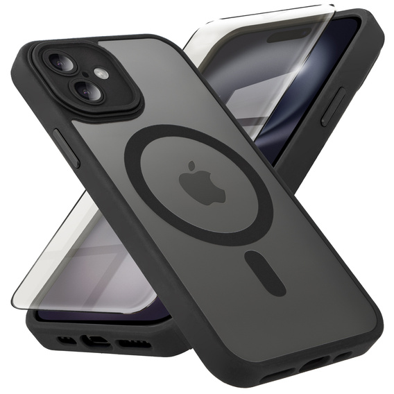 Pouzdro pro iPhone 16 Plus, pro MagSafe, ERBORD Matt Case, černý + sklo na displej
