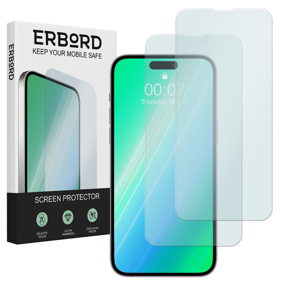 2x tvrzené sklo pro iPhone 15, ERBORD 9H Hard Glass na displeji