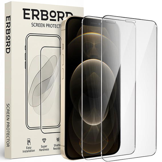 2x tvrzené sklo pro iPhone 12/12 Pro, ERBORD 9H Hard Glass na displeji